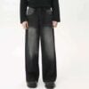 Loose Washed Wide Leg Jeans with Zipper Detail