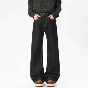 Solid Color Straight Baggy Jeans with Decorative Detail