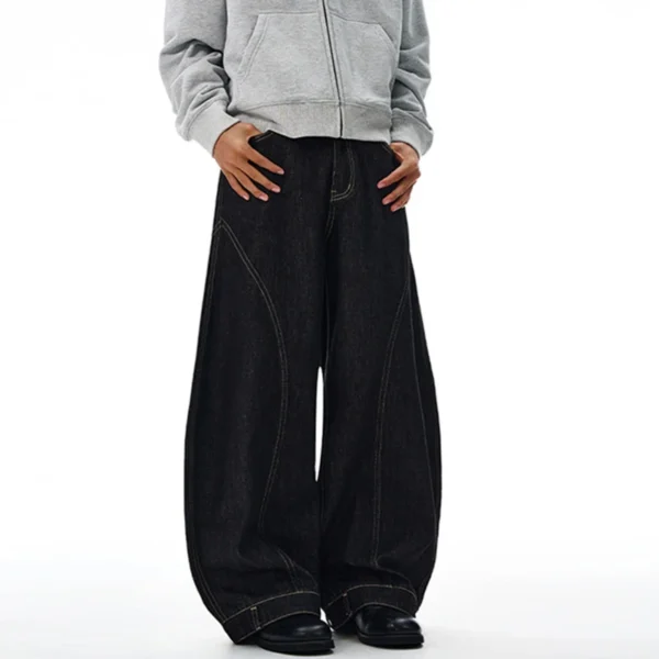 Solid Color Patchwork Curved Knife Wide Leg Jeans - Image 3