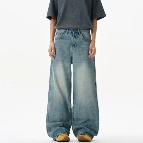 Washed Blue Baggy Straight Floor Length Jeans
