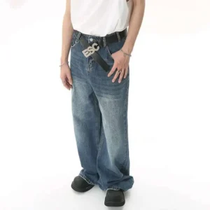 Baggy Jeans Gradient Wash Metal Ring Detail