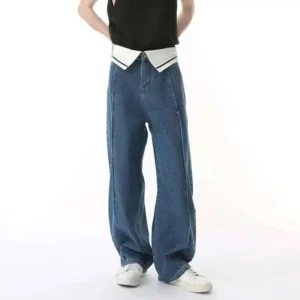 Contrast Deconstructed Wide Leg Jeans with Waist Flanging