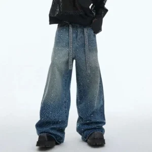 Vintage Washed Straight Wide Leg Jeans with Diamond Ribbon