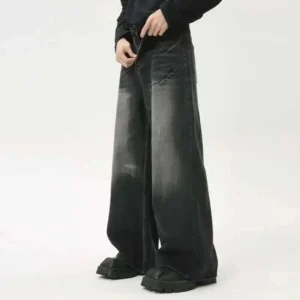 Alternative view of Loose Washed Wide Leg Jeans with Zipper Detail