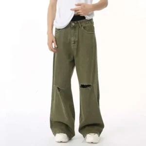 Vintage Straight Jeans with Hole Design