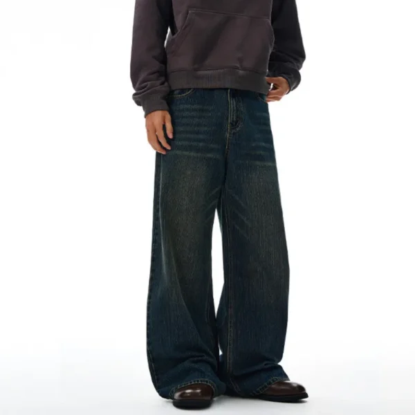 Solid Color Washed Wide Leg Jeans with Moustache Effect - Image 3