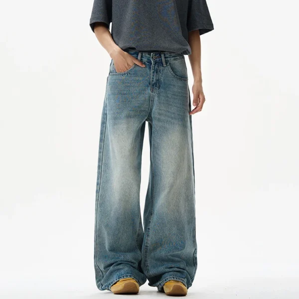 Washed Blue Baggy Straight Floor Length Jeans - Image 4