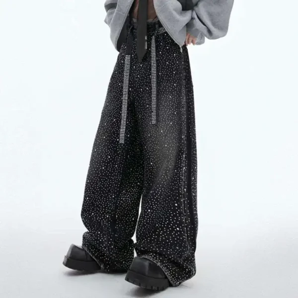 Vintage Washed Straight Wide Leg Jeans with Diamond Ribbon - Image 4