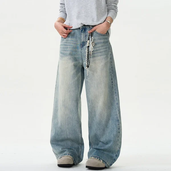 Distressed Washed Straight Wide Leg Jeans - Image 4