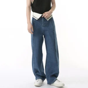 Alternative view of Contrast Deconstructed Wide Leg Jeans with Waist Flanging