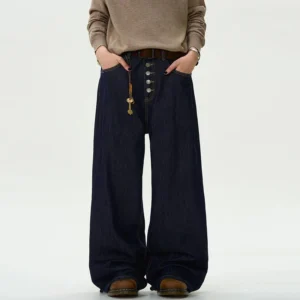 Solid Color Straight Loose Fit Jeans with Button Design