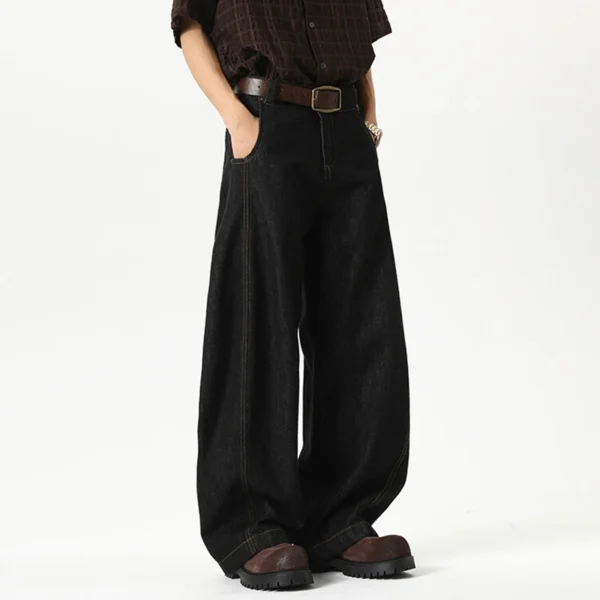 Solid Color Curved Knife Straight Wide Leg Jeans - Image 3