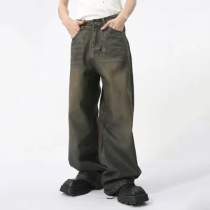 Retro Washed Straight Jeans with Zipper Opening