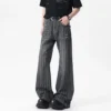 Striped Washed Jeans with Nail Button Detail