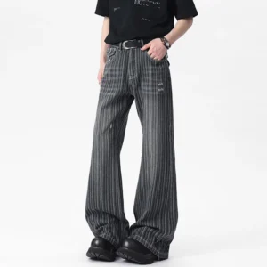 Striped Washed Jeans with Nail Button Detail
