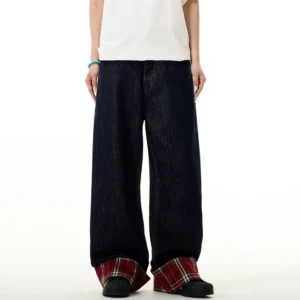 Alternative view of Plaid Patchwork Contrast Wide Leg Jeans