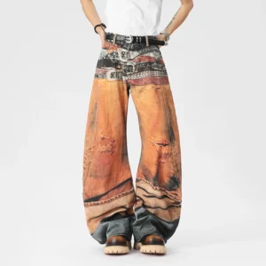 Digital Print Baggy Wide Leg Jeans