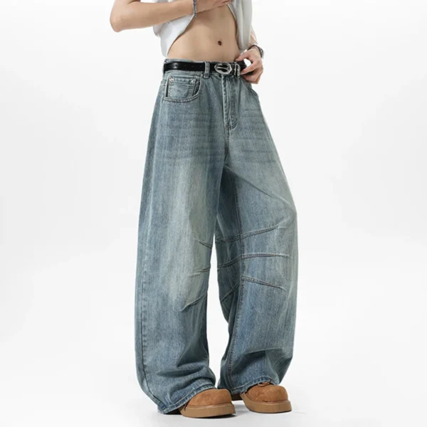 Deconstructed Solid Color Curved Knife Wide Leg Jeans - Image 4