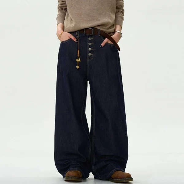 Solid Color Straight Loose Fit Jeans with Button Design - Image 4