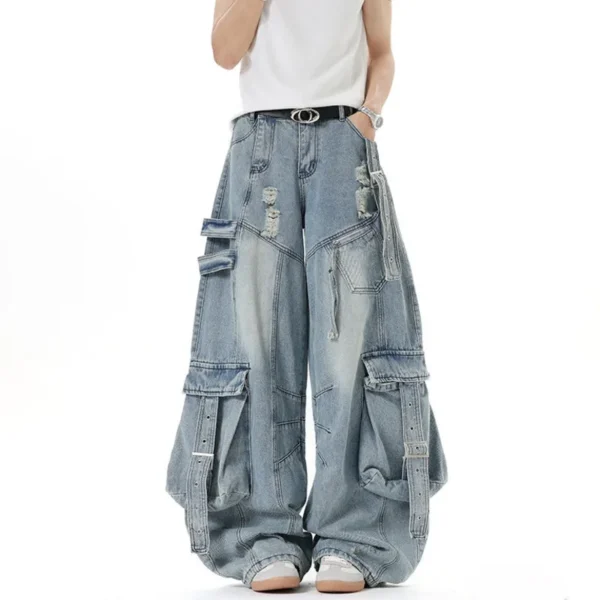 Solid Color Deconstructed Wide Leg Jeans with Multi Pockets - Image 4