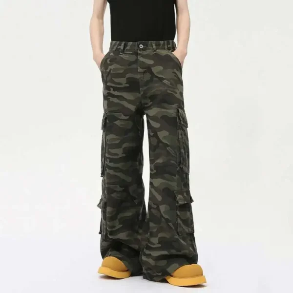 Washed Camouflage Multi Pocket Droop Wide Leg Jeans