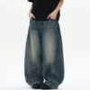 Washed Tie Flower Curved Knife Straight Jeans