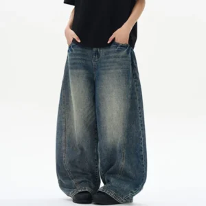 Washed Tie Flower Curved Knife Straight Jeans