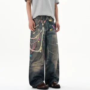 Chain Print Contrast Straight Loose Jeans