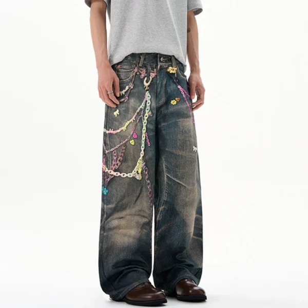 Chain Print Contrast Straight Loose Jeans