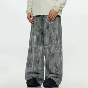 Painted Print Washed Straight Wide Leg Jeans