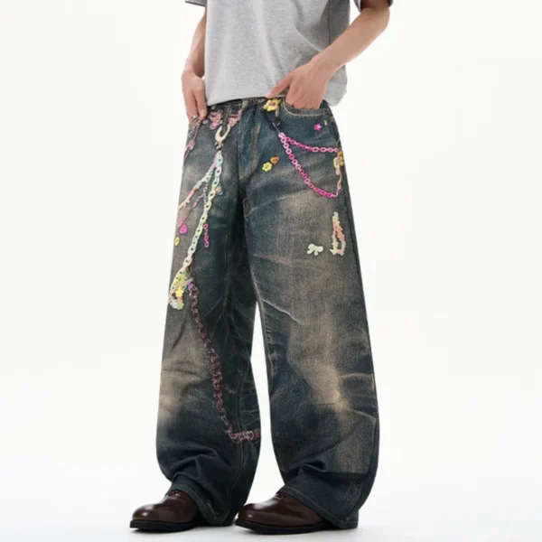 Chain Print Contrast Straight Loose Jeans - Image 4