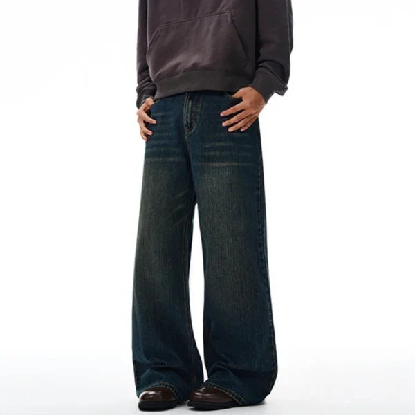 Solid Color Washed Wide Leg Jeans with Moustache Effect - Image 4