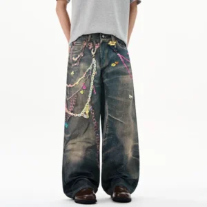 Alternative view of Chain Print Contrast Straight Loose Jeans