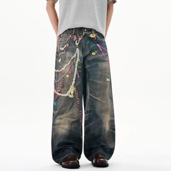 Chain Print Contrast Straight Loose Jeans - Image 2