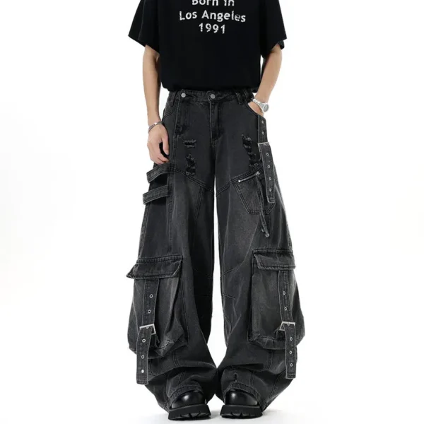 Solid Color Deconstructed Wide Leg Jeans with Multi Pockets