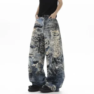 3D Digital Print Baggy Wide Leg Jeans