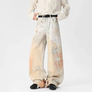 Digital Print Contrast Straight Baggy Jeans