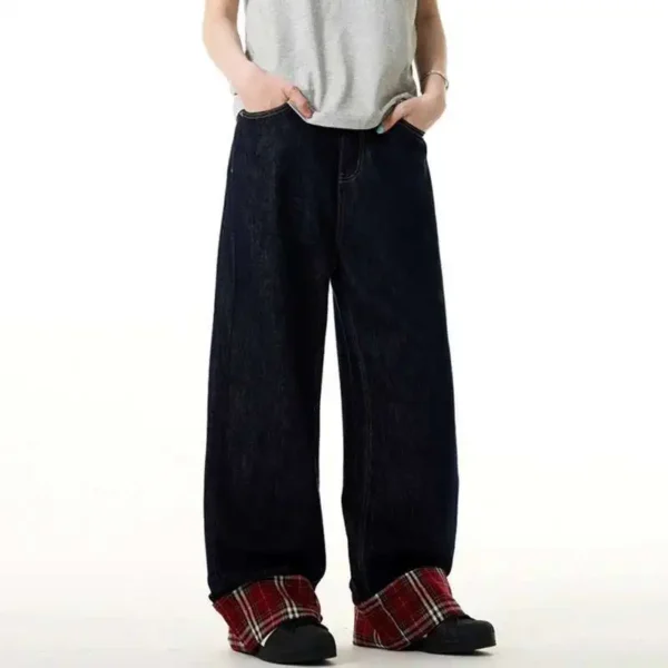 Plaid Patchwork Contrast Wide Leg Jeans