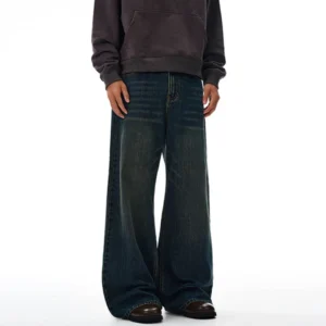Alternative view of Solid Color Washed Wide Leg Jeans with Moustache Effect