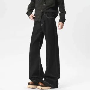 Alternative view of Solid Color Straight Baggy Jeans with Decorative Detail