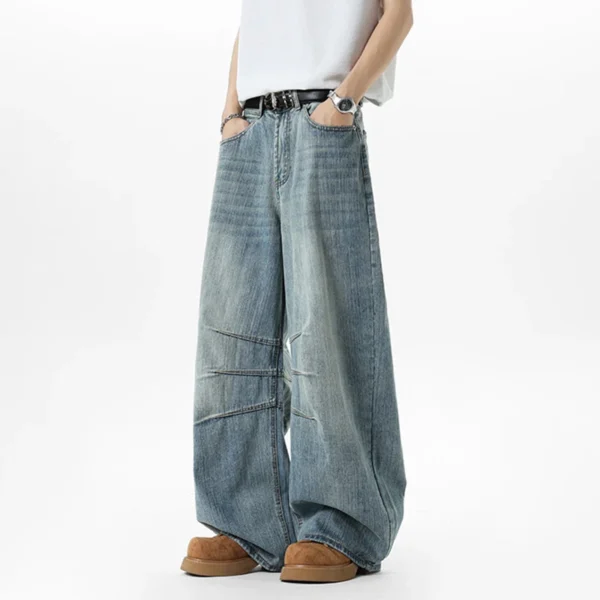 Deconstructed Solid Color Curved Knife Wide Leg Jeans - Image 3
