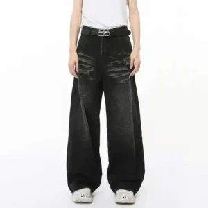 Washed Whisker Straight Wide Leg Jeans