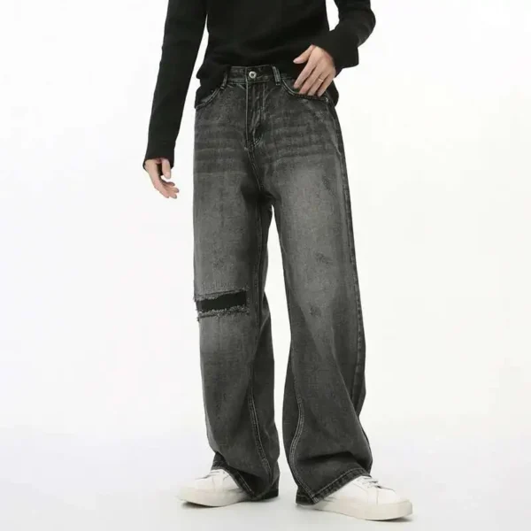 Ripped Straight Loose Fit Jeans with Hole Design - Image 3