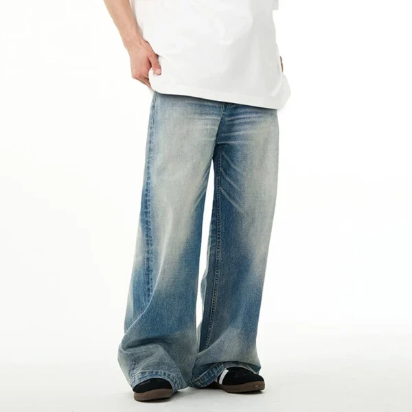 Washed Wide Leg Straight Jeans with Buckle Detail - Image 3