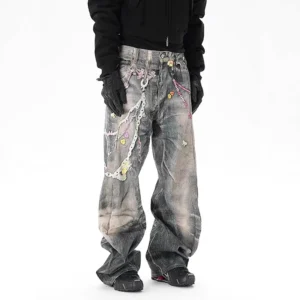 Alternative view of Chain Contrast Straight Wide Leg Jeans