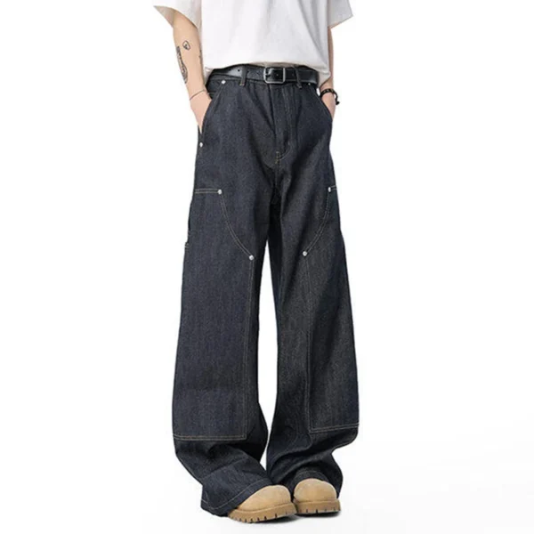 Solid Color Patchwork Straight Wide Leg Jeans - Image 3
