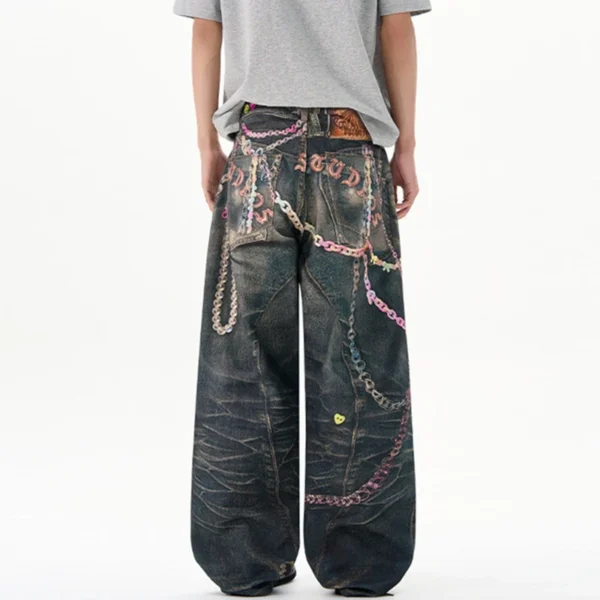 Chain Print Contrast Straight Loose Jeans - Image 5