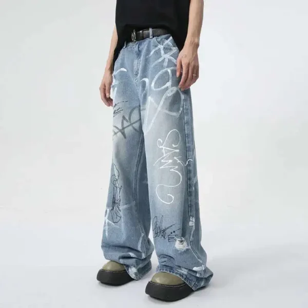 Baggy Jeans Graffiti Print Loose Fit Wide Leg Denim Streetwear - Image 2