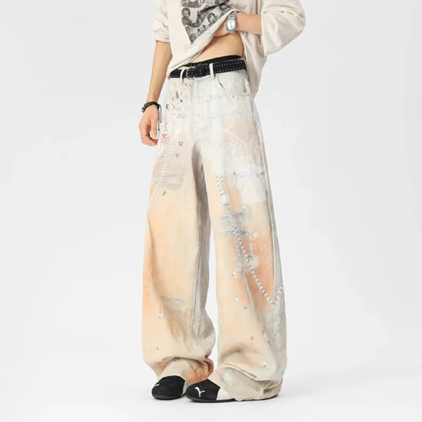 Digital Print Contrast Straight Baggy Jeans - Image 4