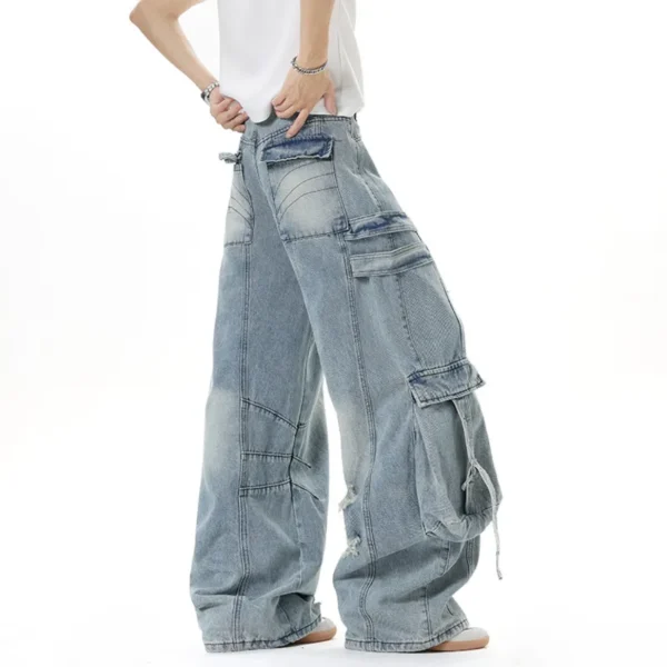 Solid Color Deconstructed Wide Leg Jeans with Multi Pockets - Image 6